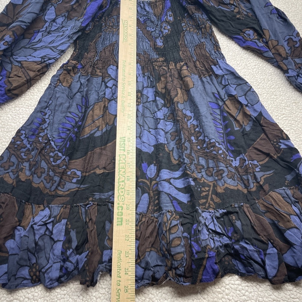 Olivaceous Dress Womens L Blue Floral Smocked Long Sleeve Ruffle Mini Boho 0677 - Picture 4 of 7
